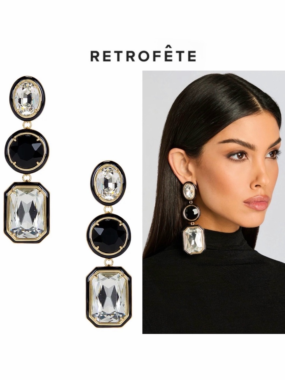 RETROFETE CAMILLE GEMSTONE DROP EARRINGS BLACK & CLEAR STATEMENT NWT $198